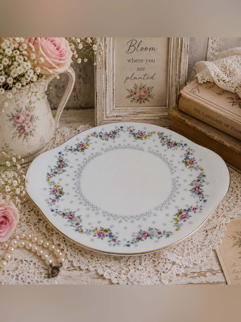 Royal Kent Bone China England Floral Serving Platter Vintage Gold Shabby Chic